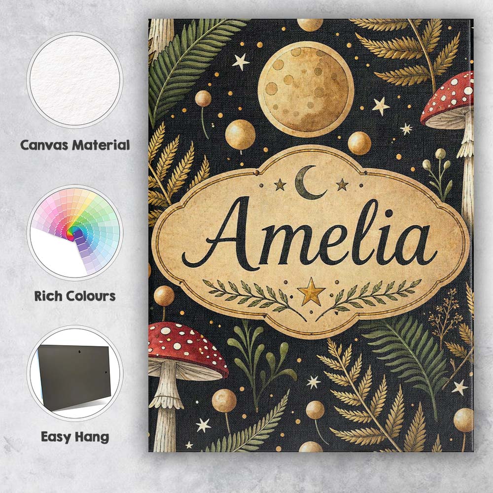 Personalised Name Moon Mushroom Botanical Night Garden Seamless Custom  Statement Canvas Wall Art Print Decor Picture Ready to Hang