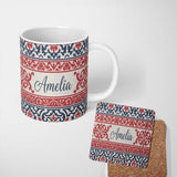 Personalized Custom Name Nordic Folk Pattern with Blue and Red Motifs Seamless Name Cute 11oz Ceramic Coffee Tea Mug White Large Handle