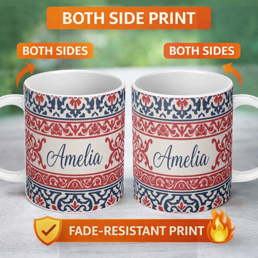 Personalized Custom Name Nordic Folk Pattern with Blue and Red Motifs Seamless Name Cute 11oz Ceramic Coffee Tea Mug White Large Handle