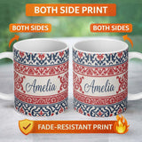 Personalized Custom Name Nordic Folk Pattern with Blue and Red Motifs Seamless Name Cute 11oz Ceramic Coffee Tea Mug White Large Handle