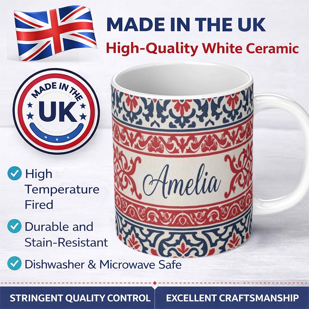 Personalized Custom Name Nordic Folk Pattern with Blue and Red Motifs Seamless Name Cute 11oz Ceramic Coffee Tea Mug White Large Handle