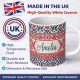 Personalized Custom Name Nordic Folk Pattern with Blue and Red Motifs Seamless Name Cute 11oz Ceramic Coffee Tea Mug White Large Handle