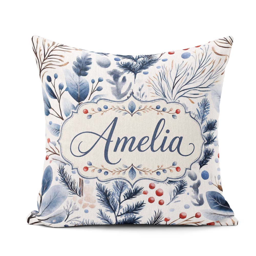 Custom Name Winter Leaves and Berries Seamless Pattern Name Cute Square Filled Cushion Throw Pillow Sofa Bed Home Decor Zip Washable UK Made