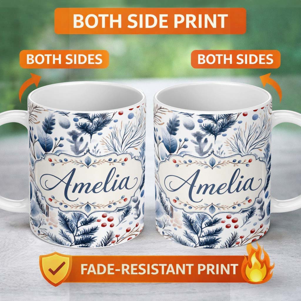 Personalized Custom Name Winter Botanical Leaves and Berries Seamless Pattern Name Cute 11oz Ceramic Coffee Tea Mug White Large Handle