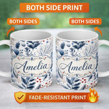 Personalized Custom Name Winter Botanical Leaves and Berries Seamless Pattern Name Cute 11oz Ceramic Coffee Tea Mug White Large Handle