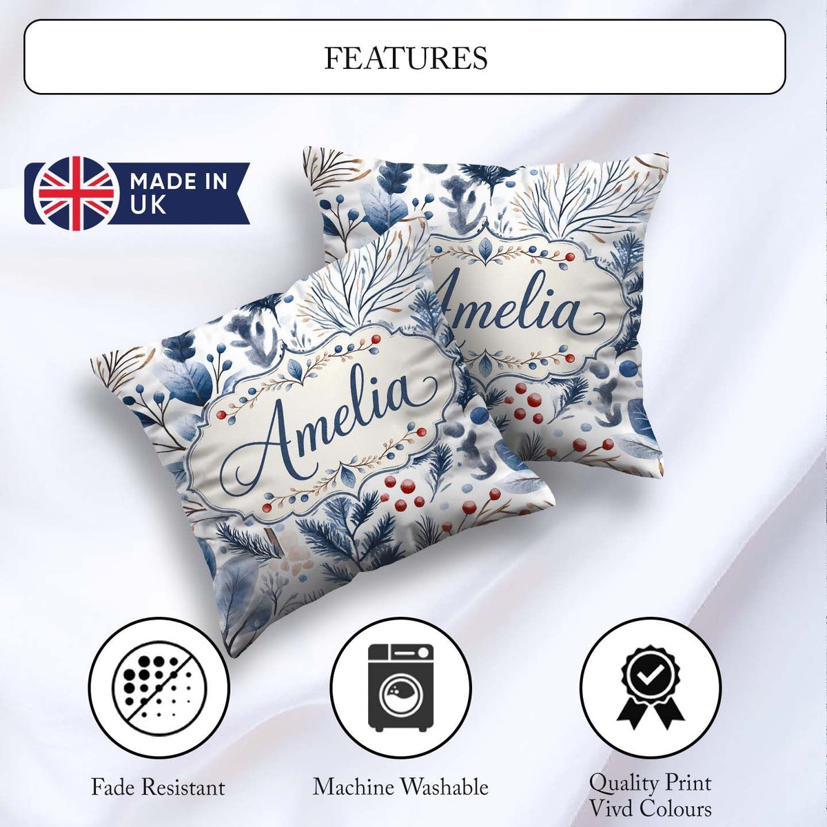 Custom Name Winter Leaves and Berries Seamless Pattern Name Cute Square Filled Cushion Throw Pillow Sofa Bed Home Decor Zip Washable UK Made