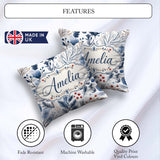 Custom Name Winter Leaves and Berries Seamless Pattern Name Cute Square Filled Cushion Throw Pillow Sofa Bed Home Decor Zip Washable UK Made