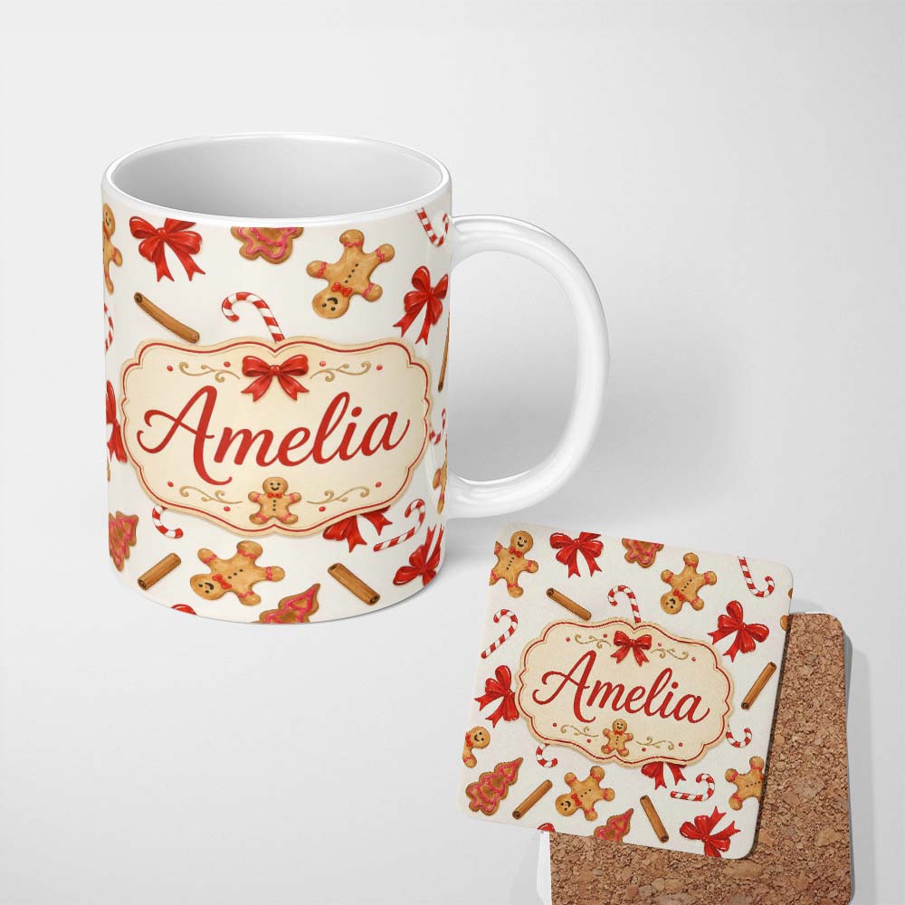 Personalized Custom Name Gingerbread Cookies Candy Cane Red Bow Sweet Seamless Pattern Lovely 11oz Ceramic Coffee Tea Mug White Large Handle