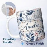 Personalized Custom Name Winter Botanical Leaves and Berries Seamless Pattern Name Cute 11oz Ceramic Coffee Tea Mug White Large Handle