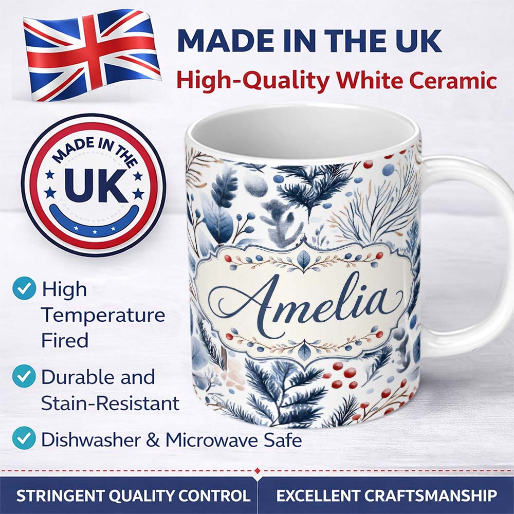 Personalized Custom Name Winter Botanical Leaves and Berries Seamless Pattern Name Cute 11oz Ceramic Coffee Tea Mug White Large Handle