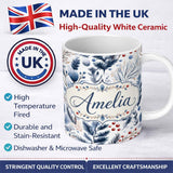 Personalized Custom Name Winter Botanical Leaves and Berries Seamless Pattern Name Cute 11oz Ceramic Coffee Tea Mug White Large Handle