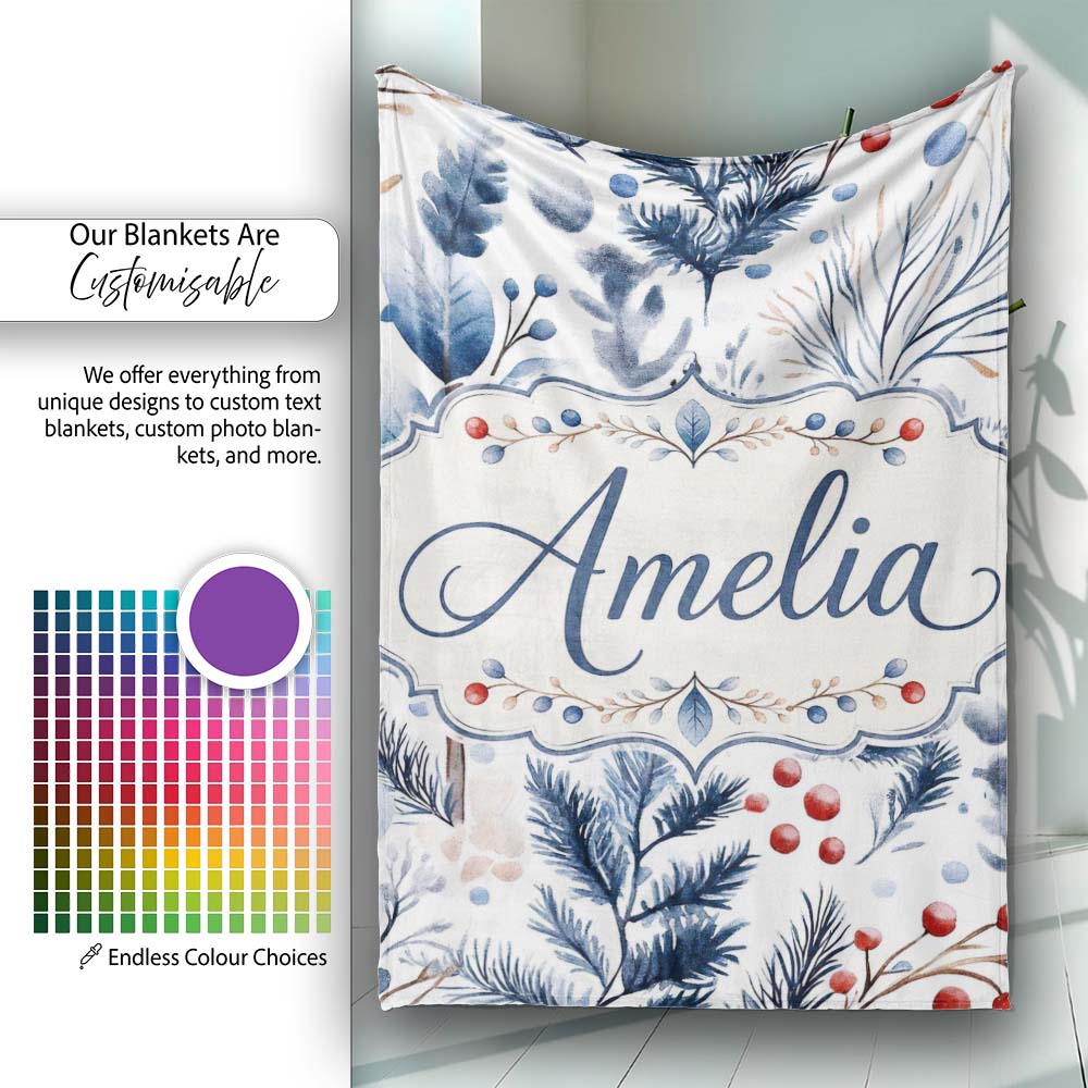 Winter Botanical Leaves and Berries Seamless Pattern Name Cute  Personalised Custom Name Super Soft Fleece Blanket Bed Sofa Throw