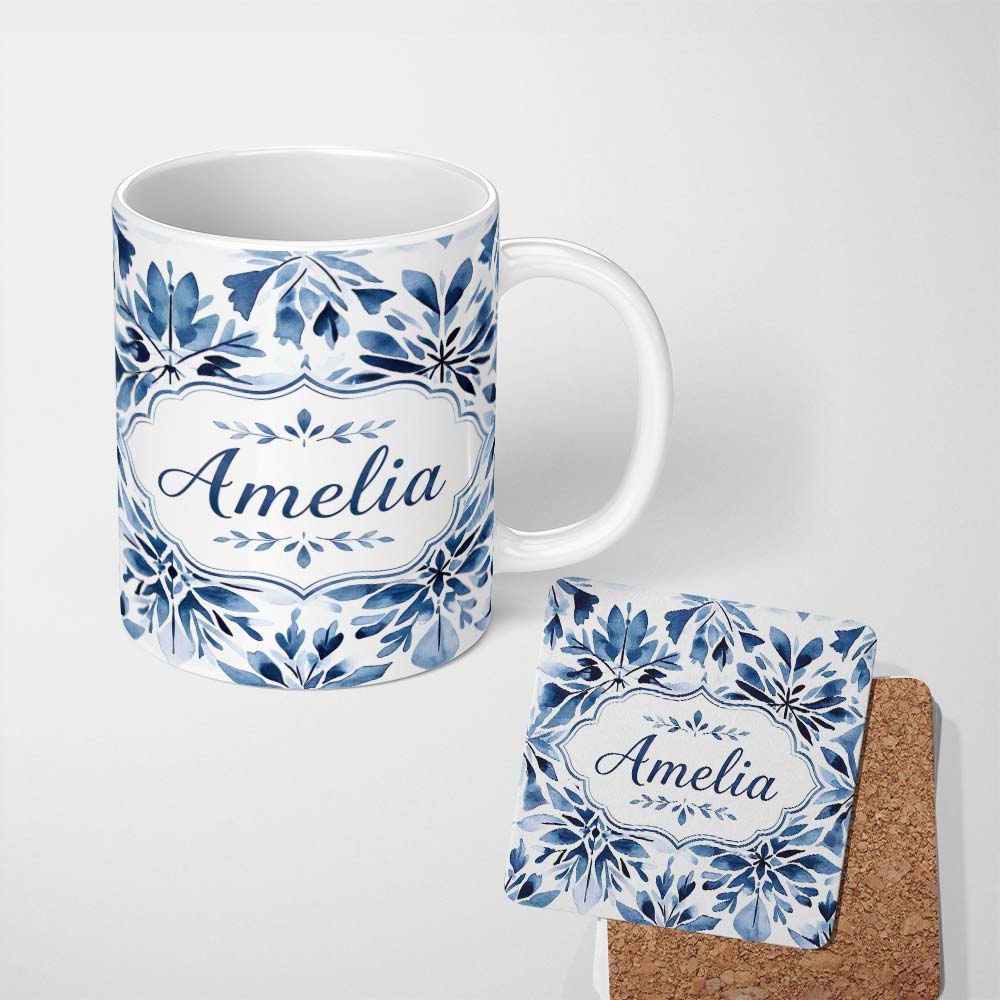 Personalized Custom Name Watercolor Blue Floral Abstract Seamless Pattern Name Cute Unique 11oz Ceramic Coffee Tea Mug White Large Handle