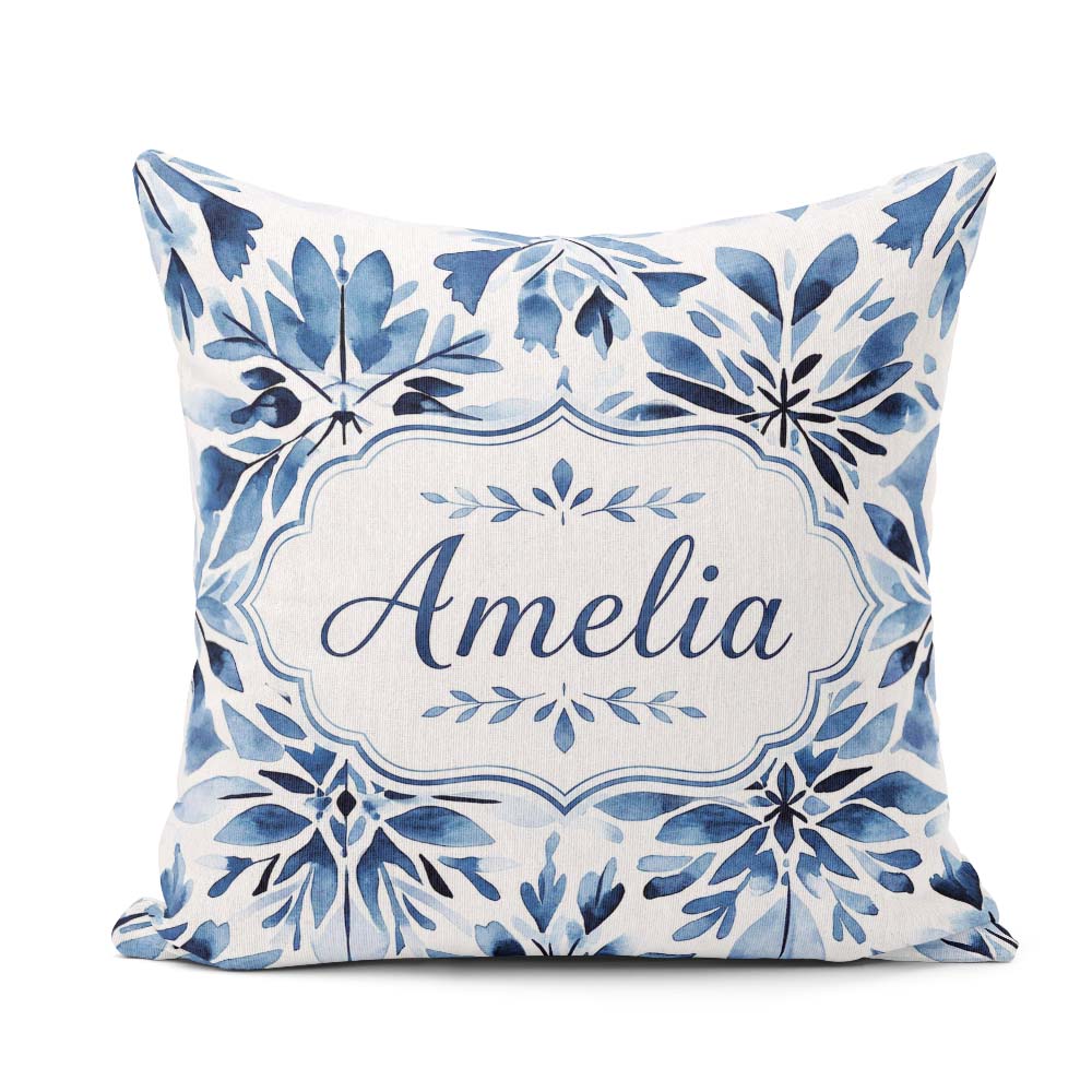 Custom Name Watercolor Blue Abstract Seamless Pattern Name Cute Square Filled Cushion Throw Pillow Sofa Bed Home Decor Zip Washable UK Made