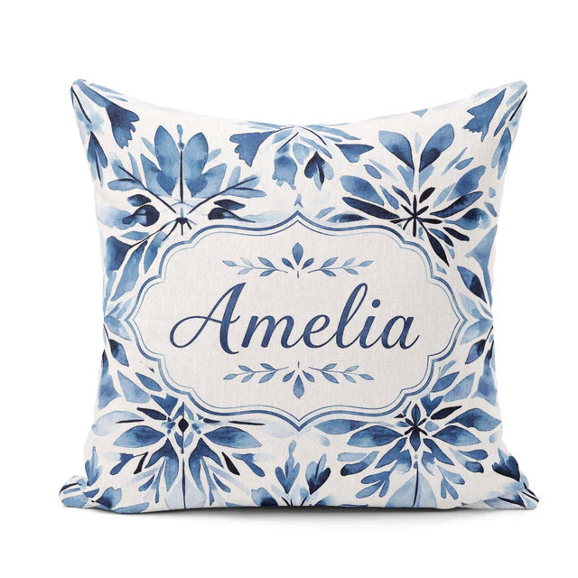 Custom Name Watercolor Blue Abstract Seamless Pattern Name Cute Square Filled Cushion Throw Pillow Sofa Bed Home Decor Zip Washable UK Made