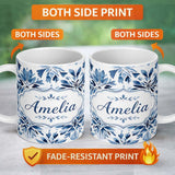 Personalized Custom Name Watercolor Blue Floral Abstract Seamless Pattern Name Cute Unique 11oz Ceramic Coffee Tea Mug White Large Handle