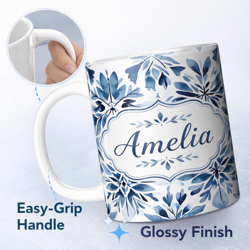 Personalized Custom Name Watercolor Blue Floral Abstract Seamless Pattern Name Cute Unique 11oz Ceramic Coffee Tea Mug White Large Handle