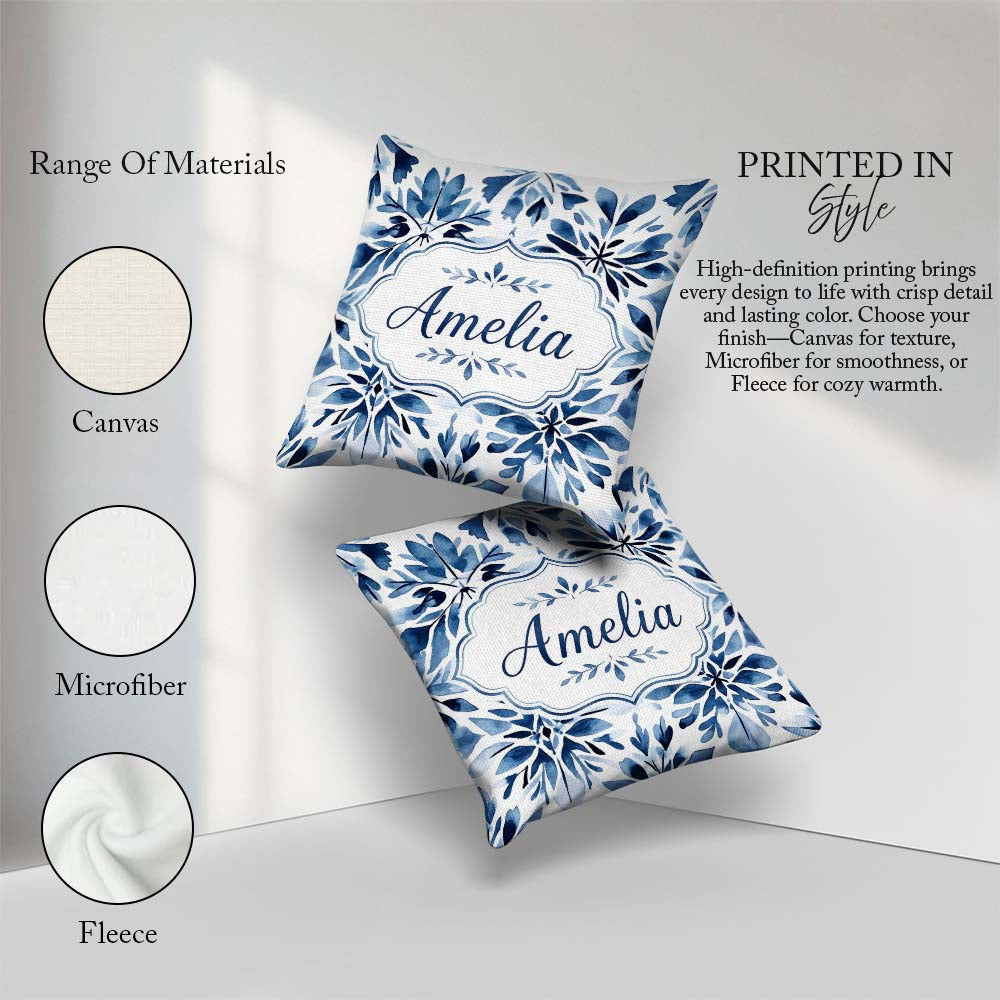 Custom Name Watercolor Blue Abstract Seamless Pattern Name Cute Square Filled Cushion Throw Pillow Sofa Bed Home Decor Zip Washable UK Made