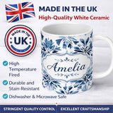 Personalized Custom Name Watercolor Blue Floral Abstract Seamless Pattern Name Cute Unique 11oz Ceramic Coffee Tea Mug White Large Handle