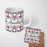 Personalized Custom Name Scandinavian Folk Art Red Blue Floral Seamless Pattern Name Cute 11oz Ceramic Coffee Tea Mug White Large Handle