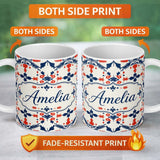 Personalized Custom Name Scandinavian Folk Art Red Blue Floral Seamless Pattern Name Cute 11oz Ceramic Coffee Tea Mug White Large Handle
