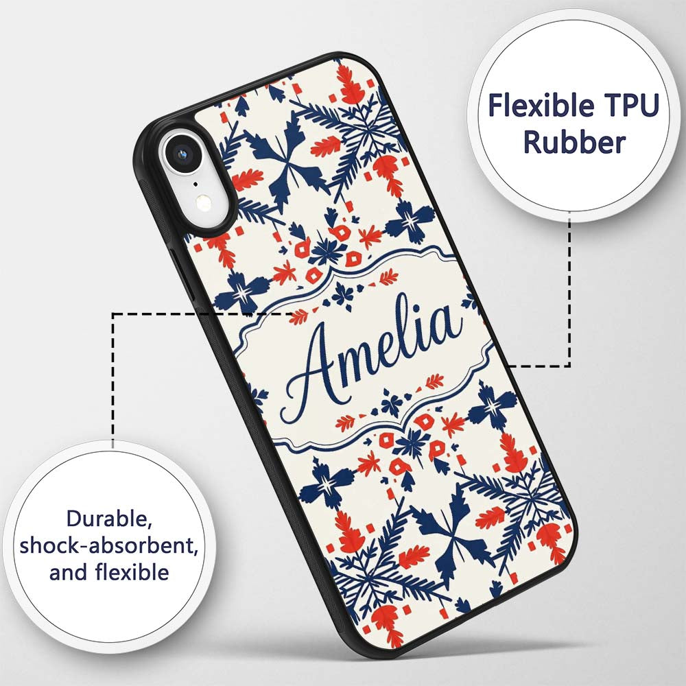 Scandinavian Folk Art Red Blue Floral Seamless Custom Name Protective Phone Case Mobile Cover Durable Everyday Smartphone Shock Resistant