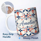 Personalized Custom Name Scandinavian Folk Art Red Blue Floral Seamless Pattern Name Cute 11oz Ceramic Coffee Tea Mug White Large Handle