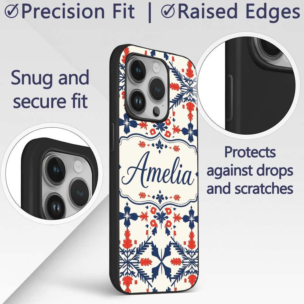 Scandinavian Folk Art Red Blue Floral Seamless Custom Name Protective Phone Case Mobile Cover Durable Everyday Smartphone Shock Resistant