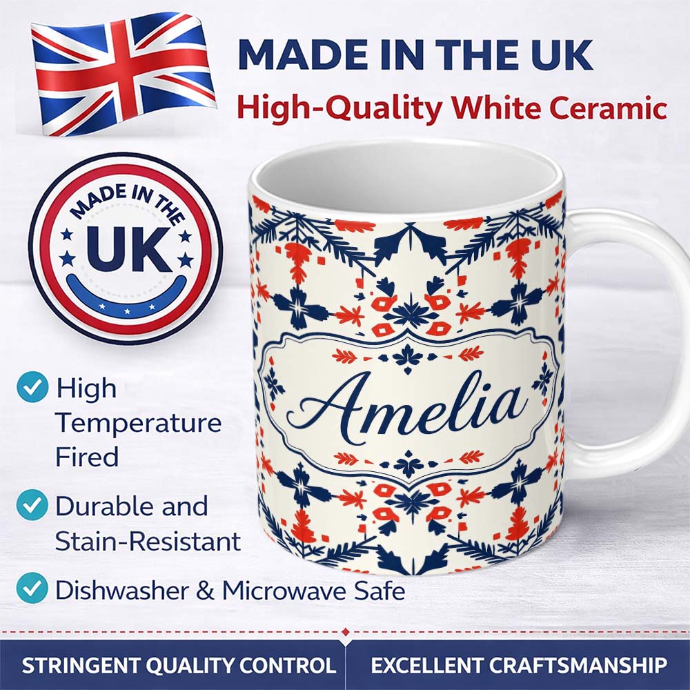Personalized Custom Name Scandinavian Folk Art Red Blue Floral Seamless Pattern Name Cute 11oz Ceramic Coffee Tea Mug White Large Handle