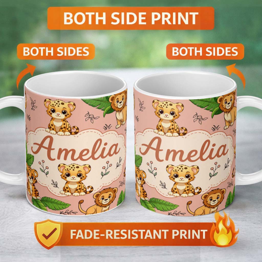 Personalized Custom Name Cute Jungle Animals Lion Tiger Leopard Tropical Leaves Peach Lovely 11oz Ceramic Coffee Tea Mug White Large Handle