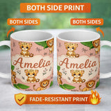 Personalized Custom Name Cute Jungle Animals Lion Tiger Leopard Tropical Leaves Peach Lovely 11oz Ceramic Coffee Tea Mug White Large Handle