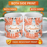 Personalized Custom Name Dalmatian Dogs Hearts Peach Background Seamless Pattern Lovely 11oz Ceramic Coffee Tea Mug White Large Handle