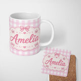 Personalized Custom Name Soft Pink And White Gingham Check Seamless Pattern Classic Lovely 11oz Ceramic Coffee Tea Mug White Large Handle