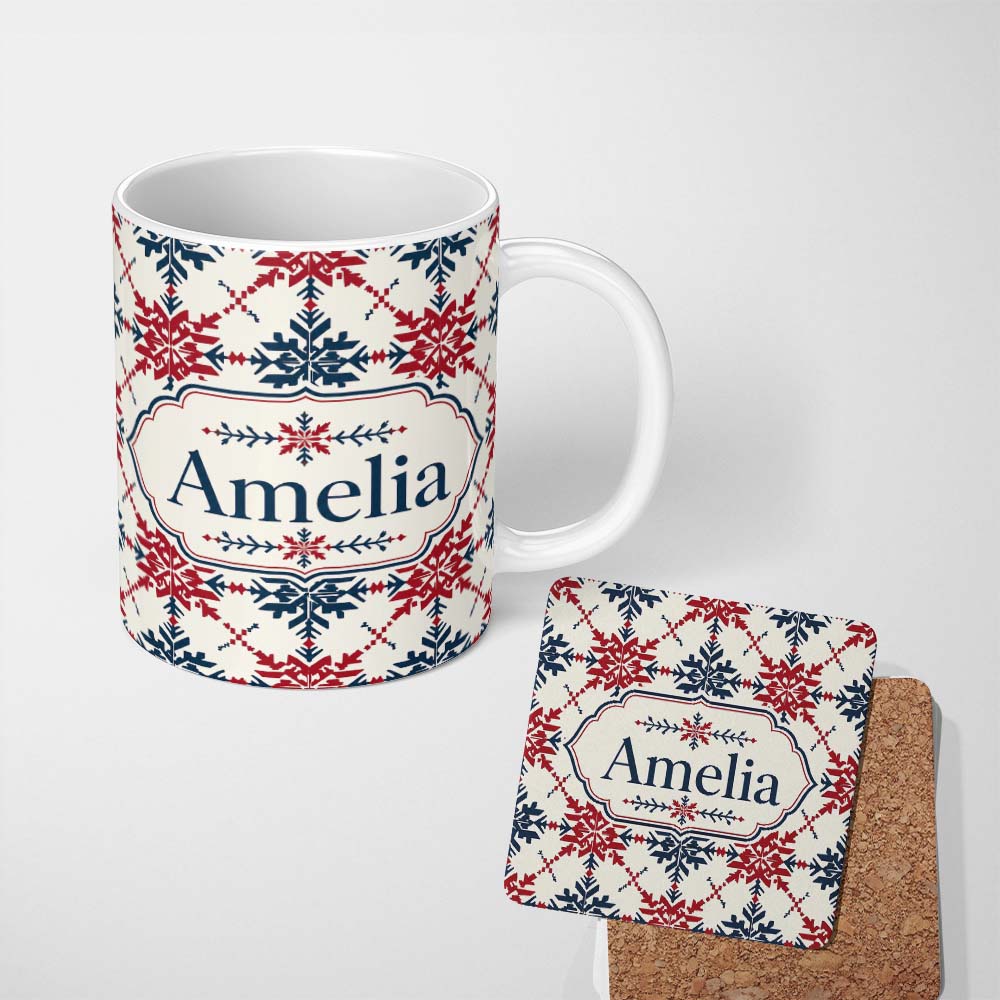 Personalized Custom Name Nordic Snowflake Style Red Blue Geometric Seamless Pattern Name Cute 11oz Ceramic Coffee Tea Mug White Large Handle