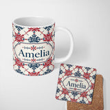Personalized Custom Name Nordic Snowflake Style Red Blue Geometric Seamless Pattern Name Cute 11oz Ceramic Coffee Tea Mug White Large Handle
