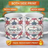 Personalized Custom Name Nordic Snowflake Style Red Blue Geometric Seamless Pattern Name Cute 11oz Ceramic Coffee Tea Mug White Large Handle