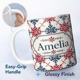 Personalized Custom Name Nordic Snowflake Style Red Blue Geometric Seamless Pattern Name Cute 11oz Ceramic Coffee Tea Mug White Large Handle