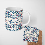 Personalized Custom Name Folk Art Floral Symmetry Blue Red Seamless Pattern Name Cute Unique 11oz Ceramic Coffee Tea Mug White Large Handle