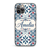 Folk Art Floral Symmetry Blue Red Printed Design Custom Name Protective Phone Case Mobile Cover Durable Everyday Smartphone Shock Resistant