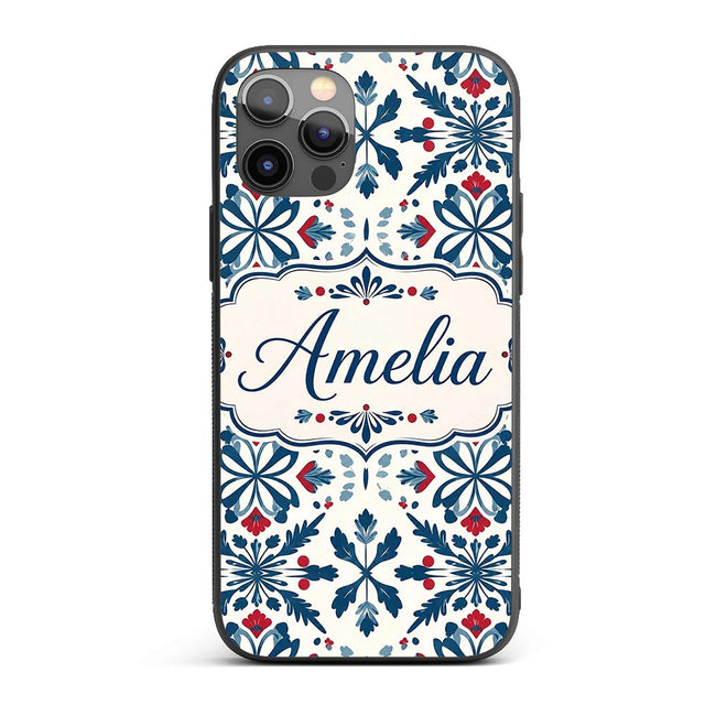 Folk Art Floral Symmetry Blue Red Printed Design Custom Name Protective Phone Case Mobile Cover Durable Everyday Smartphone Shock Resistant