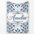 Folk Art Floral Symmetry Blue Red Seamless Pattern Name Cute Unique  Personalised Custom Name Super Soft Fleece Blanket Bed Sofa Throw