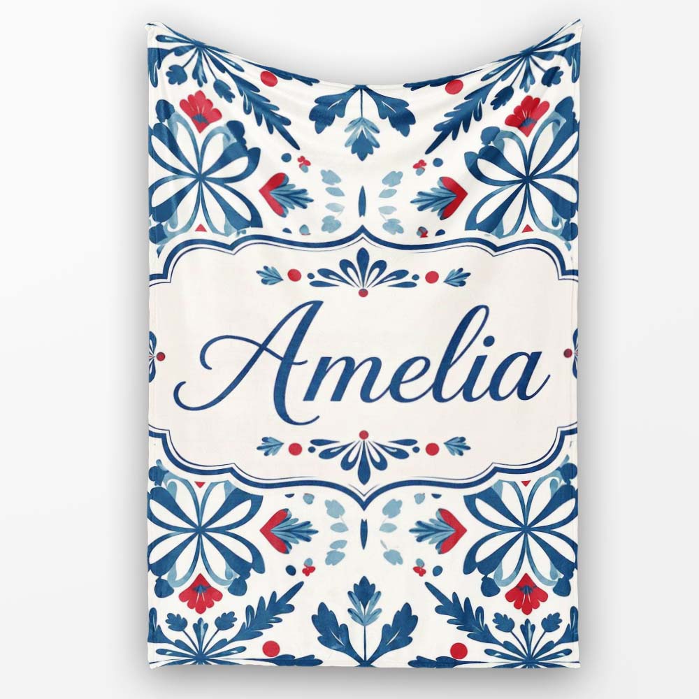 Folk Art Floral Symmetry Blue Red Seamless Pattern Name Cute Unique  Personalised Custom Name Super Soft Fleece Blanket Bed Sofa Throw