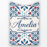 Folk Art Floral Symmetry Blue Red Seamless Pattern Name Cute Unique  Personalised Custom Name Super Soft Fleece Blanket Bed Sofa Throw