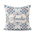 Custom Name Folk Art Floral Symmetry Blue Red Seamless Name Cute Square Filled Cushion Throw Pillow Sofa Bed Home Decor Zip Washable UK Made
