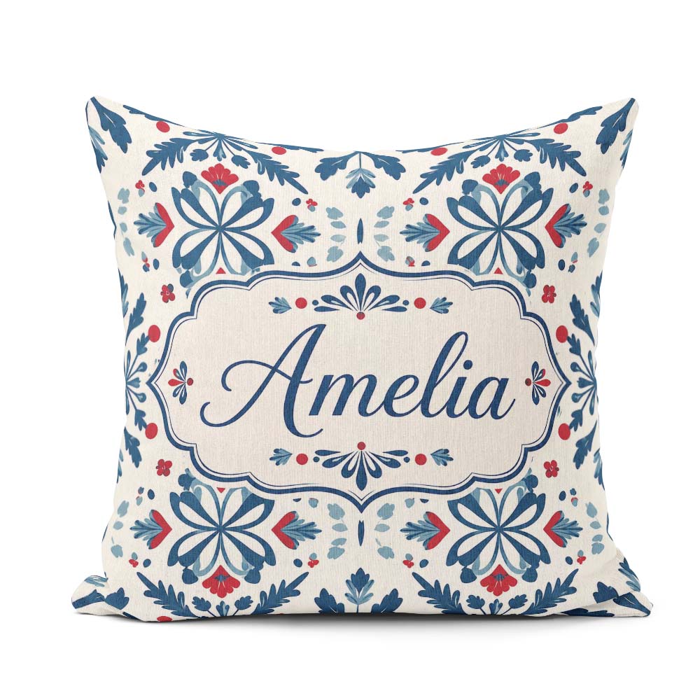 Custom Name Folk Art Floral Symmetry Blue Red Seamless Name Cute Square Filled Cushion Throw Pillow Sofa Bed Home Decor Zip Washable UK Made