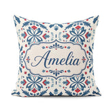 Custom Name Folk Art Floral Symmetry Blue Red Seamless Name Cute Square Filled Cushion Throw Pillow Sofa Bed Home Decor Zip Washable UK Made