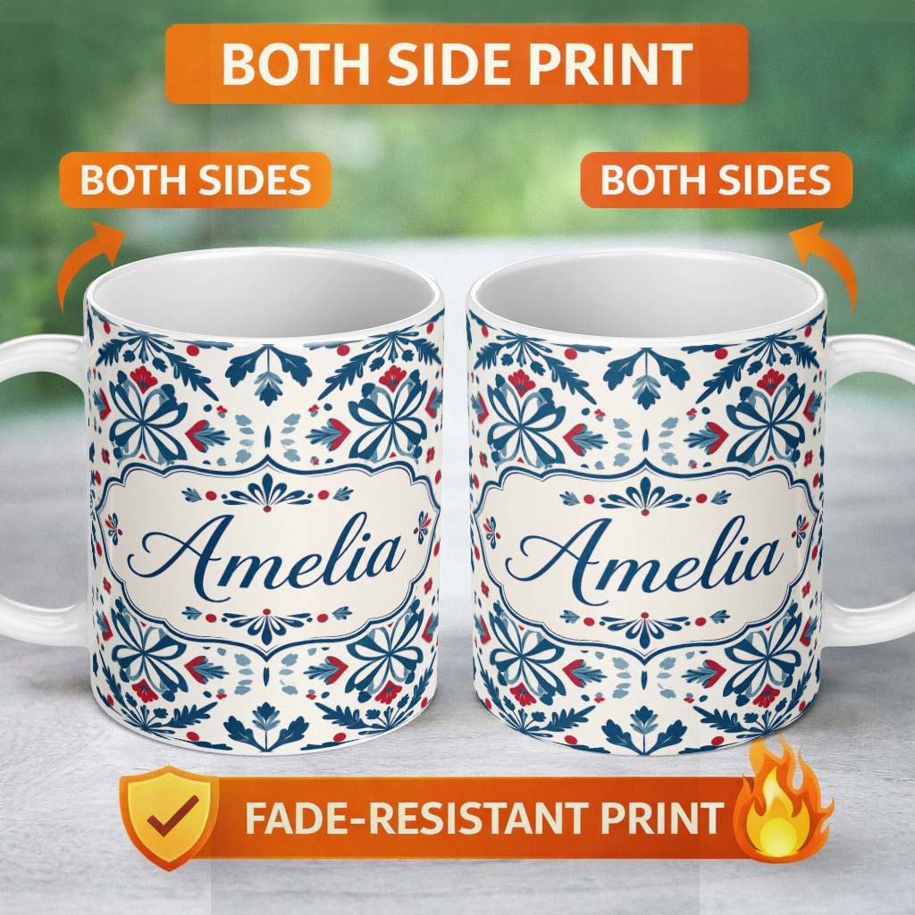 Personalized Custom Name Folk Art Floral Symmetry Blue Red Seamless Pattern Name Cute Unique 11oz Ceramic Coffee Tea Mug White Large Handle
