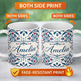 Personalized Custom Name Folk Art Floral Symmetry Blue Red Seamless Pattern Name Cute Unique 11oz Ceramic Coffee Tea Mug White Large Handle