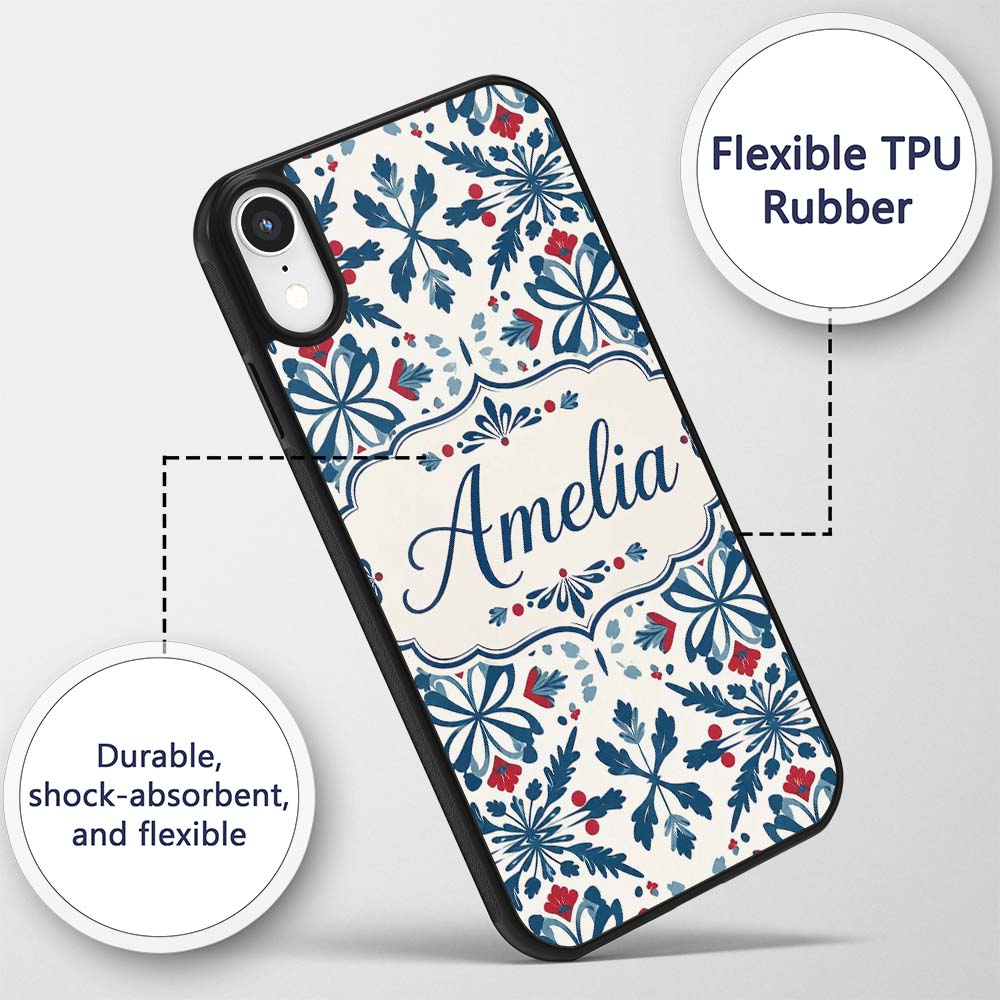 Folk Art Floral Symmetry Blue Red Printed Design Custom Name Protective Phone Case Mobile Cover Durable Everyday Smartphone Shock Resistant