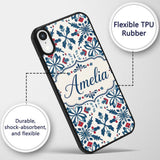Folk Art Floral Symmetry Blue Red Printed Design Custom Name Protective Phone Case Mobile Cover Durable Everyday Smartphone Shock Resistant